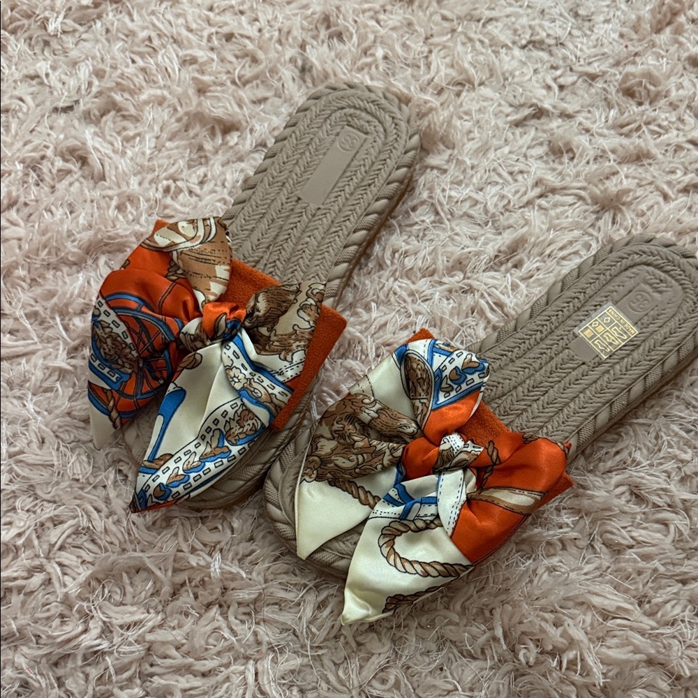 SHEIN Orange, Cream & Blue Patterned Bow Slide Sandals